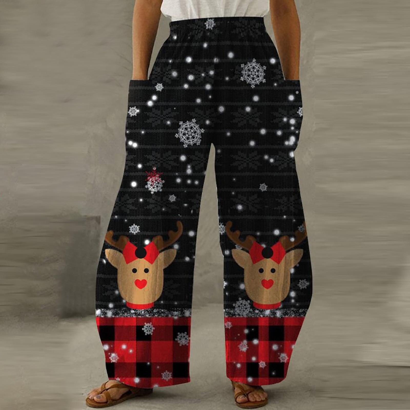 Women s Fashion Christmas Elements Printed Loose Casual Wide Leg Pants L чёрный