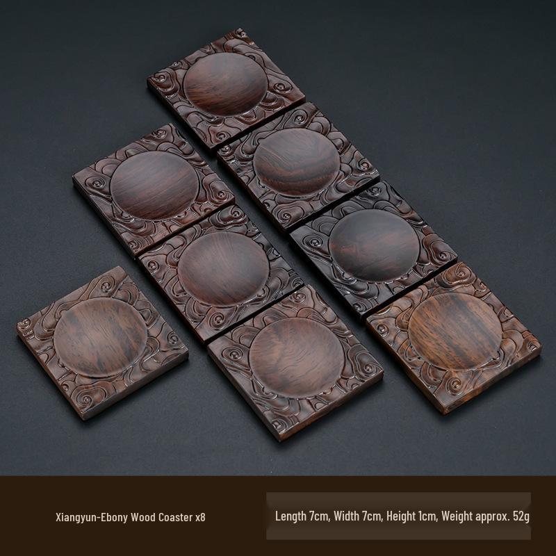 Ebony Wood Carved Non-Slip Tea Coaster Set - Retro Anti-Scald Pad for Tea Ceremony