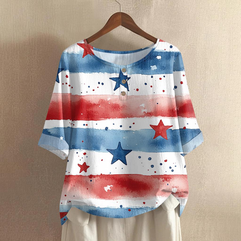 Women's Fashionable And Casual Shirt Half-sleeve Round Neck Print Cotton And Linen Blouse Top