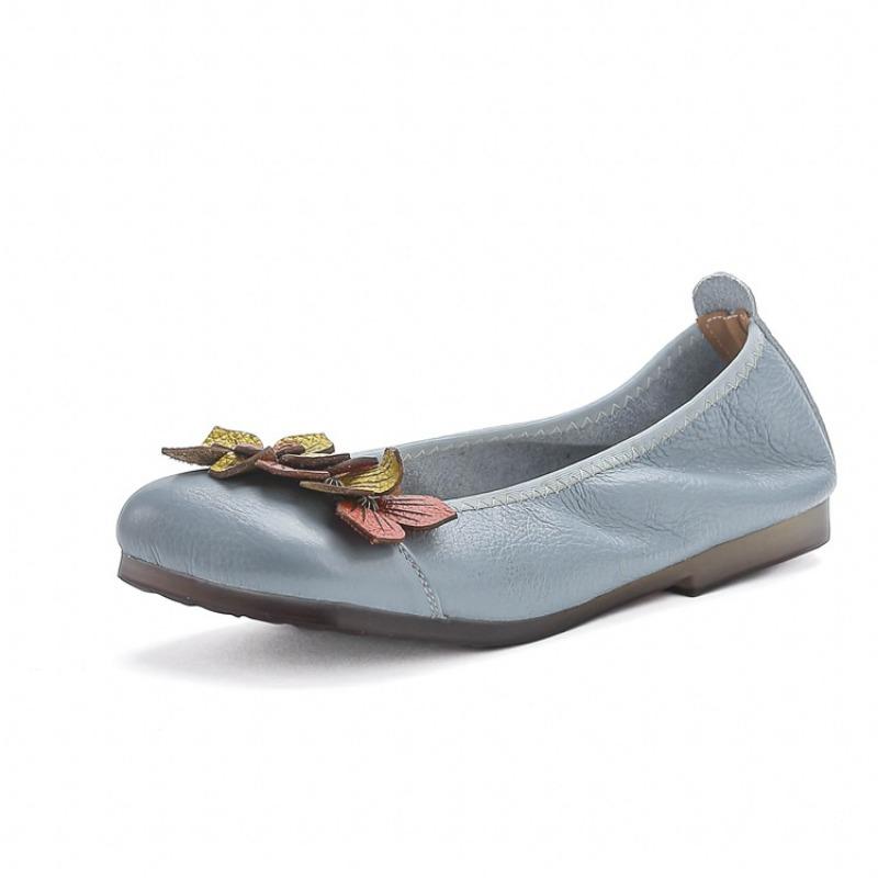 Spring, Summer and Autumn Casual Leather Women's Single Shoes, Flower Light Mouth Round Head Sole Heel Solid Color First Layer Cowhide