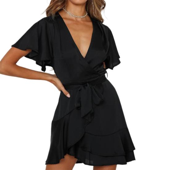 Women Deep V Neck Short Dress Sweet-style Large Hemline Charming A-line Slim Effect Floral Print Summer Sexy Mini Dress