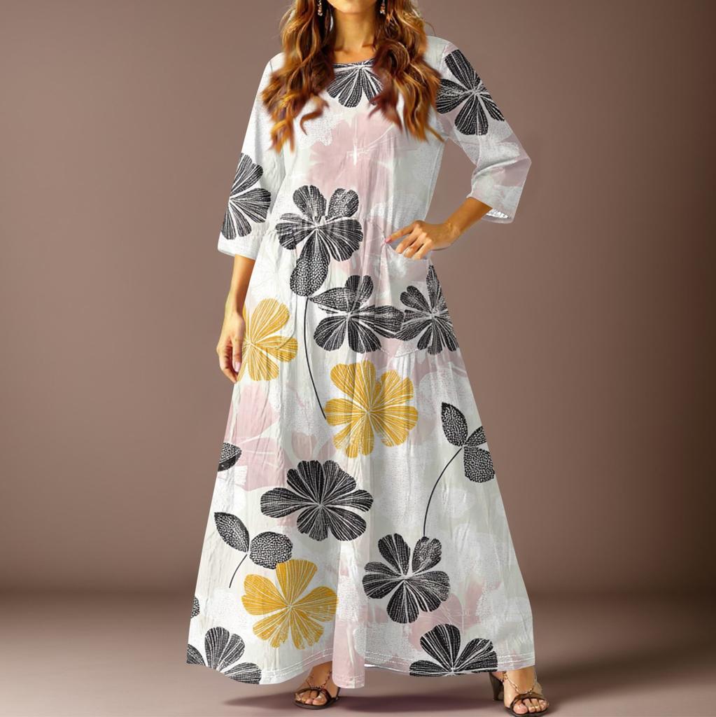 Women's Casual Fashion Floral Print Three-quarter Sleeve Long Dress With Pockets