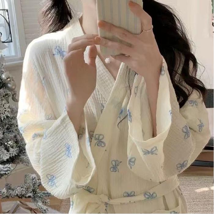High-Quality Imitation Cotton Bow Pajama Nightgown - Cute, Loose, Long Sleeve Bathrobe for Women