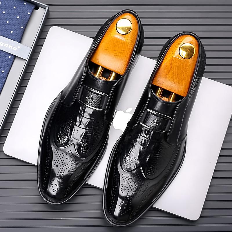 

Wenzhou leather shoes men s new European version of crocodile pattern first layer cowhide dress pointed leather shoes 38 чёрный