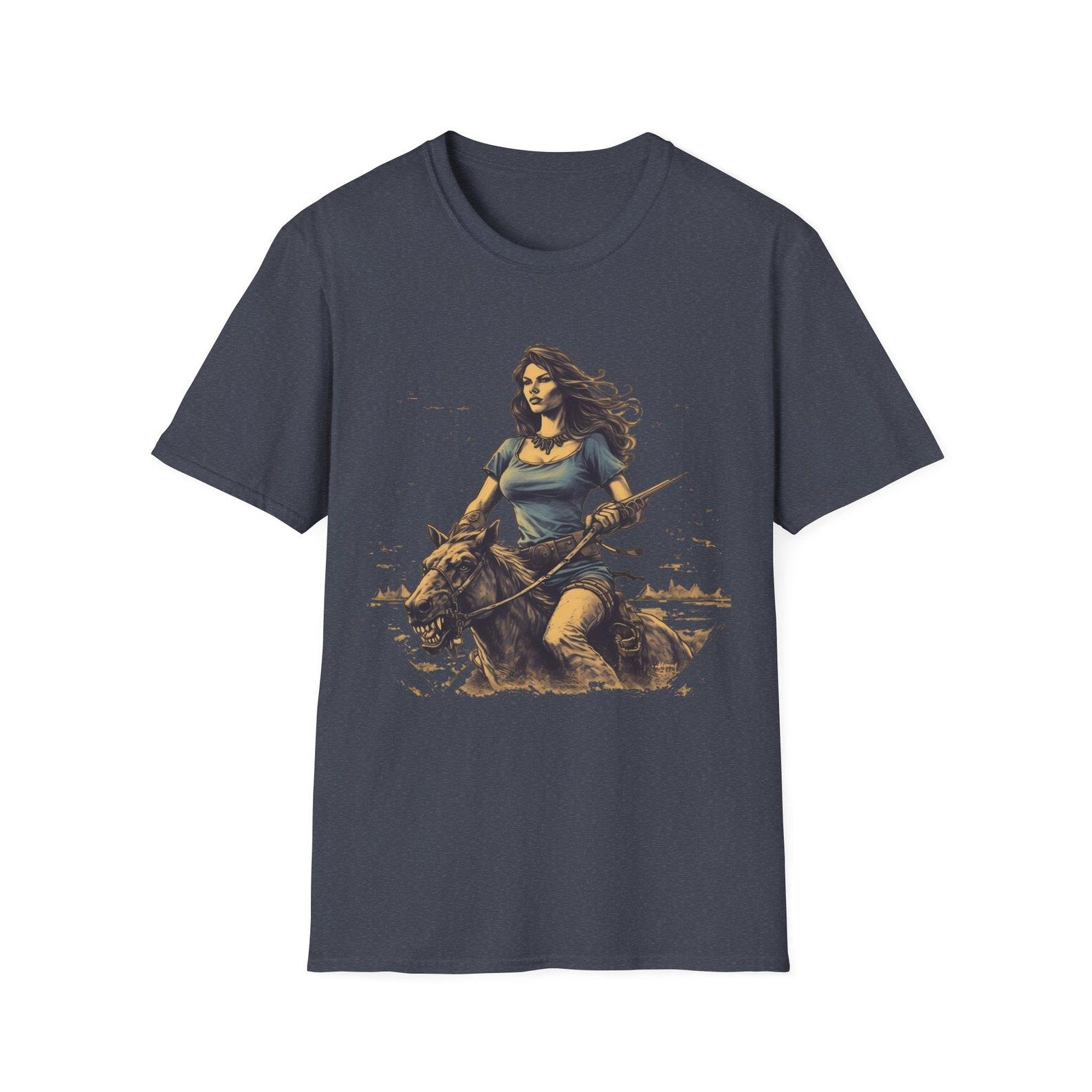 Western Vampire Country Girl on a Horse Woodcut Wilderness Vintage Old Tmey Unisex Softstyle T-Shirt 2XL