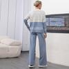 Otoño Invierno Mujer Casual Rayado Punto Suéter Pantalón Conjunto de Dos Piezas Manga Larga Jersey Tops y Pantalón de Pierna Ancha Chándal