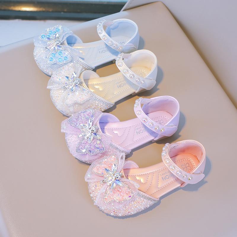 Girls Princess Shoes Mesh Lace Bow Kids Half Sandals Beauty Crystal Fairy Style 2025 New Girls Dance Shoes for Party Wedding