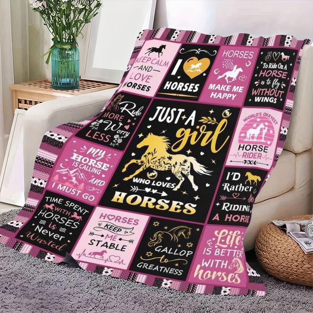 Just A Girl Who Loves Horses Inspirational Horse Theme Blanket - Cozy and Soft Throw Blanket Featuring Equine Quotes and Designs