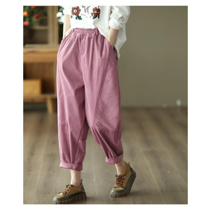 Frühlings- und Herbstliteratur und Kunst-Retro-Haremshose aus Baumwollcord für Damen mit elastischer Taille und schlankmachender Damenhose, lässige Samthose
