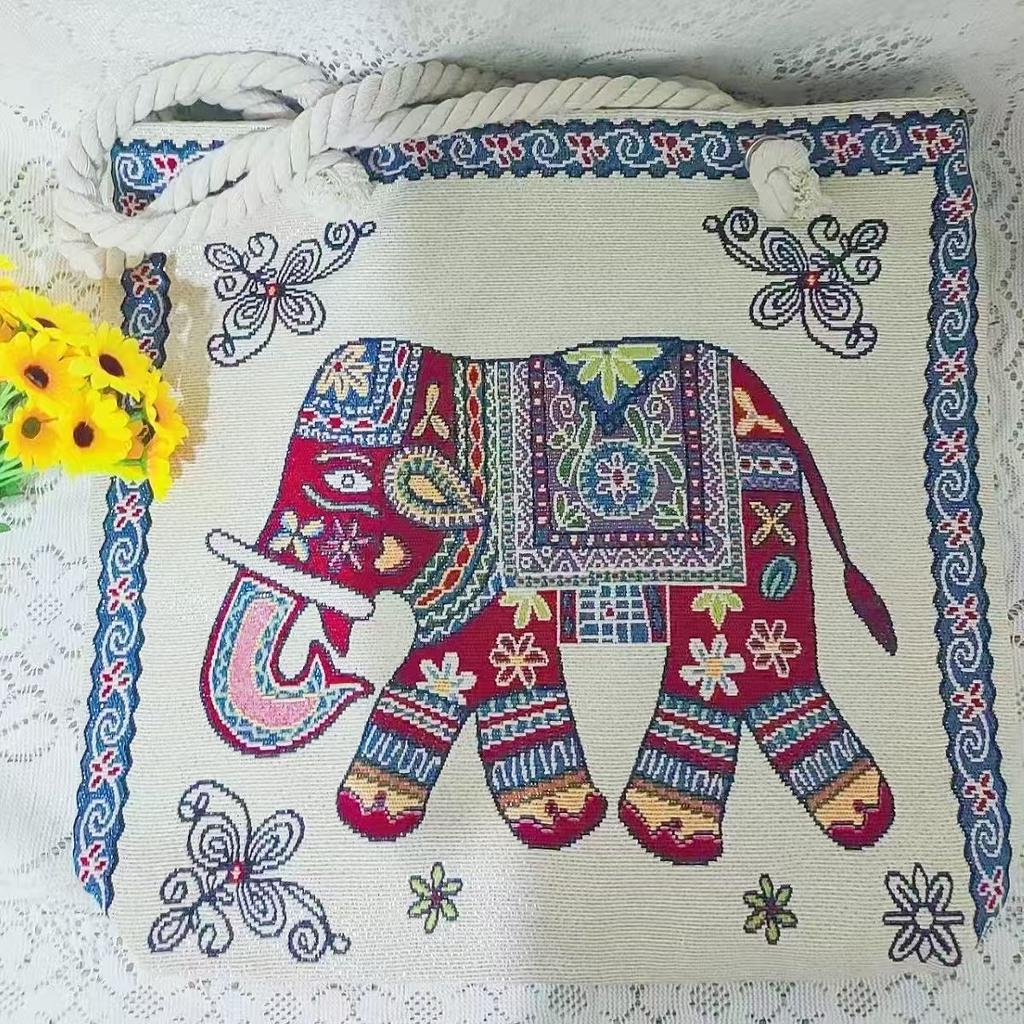 Ethnic style large shoulder bag South East Asia style double-sided embroidery cartoon animal elephant canvas bag female travel bag