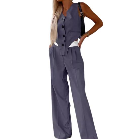 2 Pcs/Set Women Top Pants Suit Sleeveless V Neck Single-breasted Irregular Waistcoat Elastic High