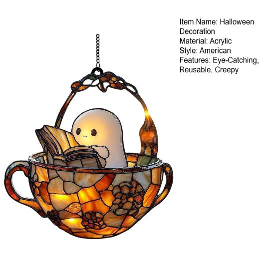 Halloween Acrylic Suncatcher Adorable Ghost Reading Book Pendant Black Cat Teacup Spooky Window Hanging Decoration for Home Parties Festivals