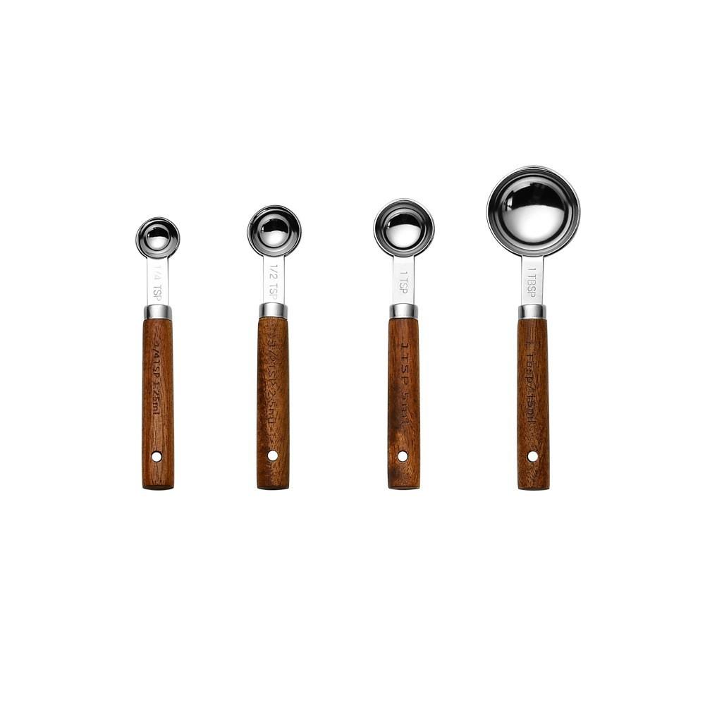 Stainless Steel Titanium Plated Golden Acacia Wood Measuring Spoon Measuring Cup, Kitchen Baking Measuring Tool, Tea Spoon 4pcs