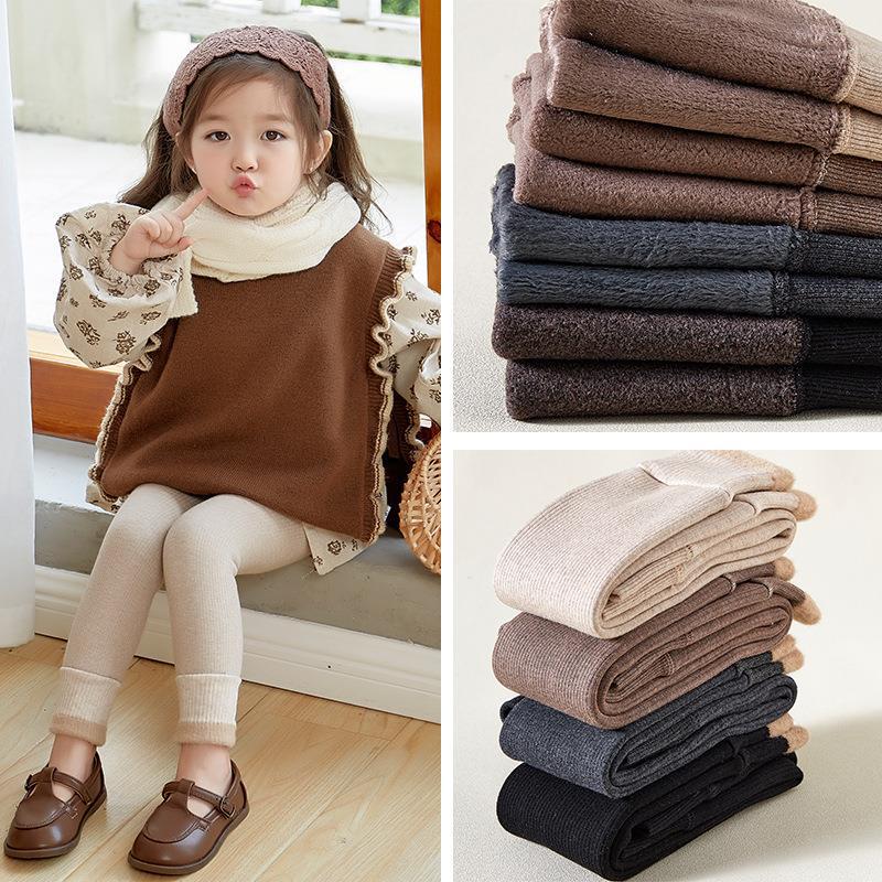 Girls' Fleece-Lined Warm Pants with Fur-Trimmed Cuffs for Autumn and Winter