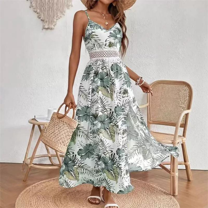 Women Summer V-Neck Elegant Print Resort Style Dress Slip Long Dress