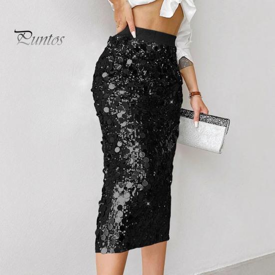 High-waisted Skirt Women High Waist Sexy Hip-Hugging Sequin Glitter Solid Midi Color Mid-calf Length Hip Wrapped Slimming Design Wedding Clubwear