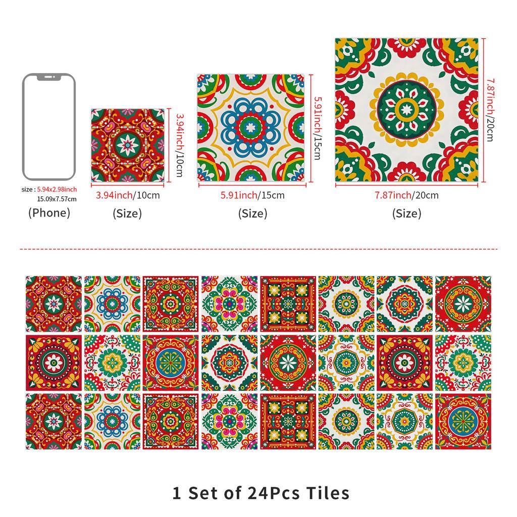European Crystal Mandala 24 Pieces Self-Adhesive Wall Sticker, Waterproof Kitchen Bedroom Tile Sticker Pvc Wallpaper