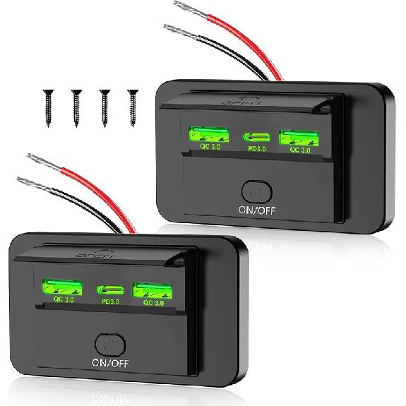 2PCS 3 Ports 12V RV USB Outlet 72W, Gibbab Dual USB QC3.0 36W & PD3.0 Type-C Quick Charge 36W Panel Wall Mount, Automotive Car USB Socket Charger