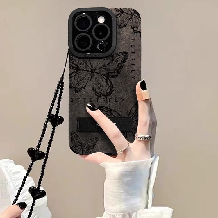 Retro Butterfly Leather Texture iPhone 15 Pro Max Suede Case with Women's Chain