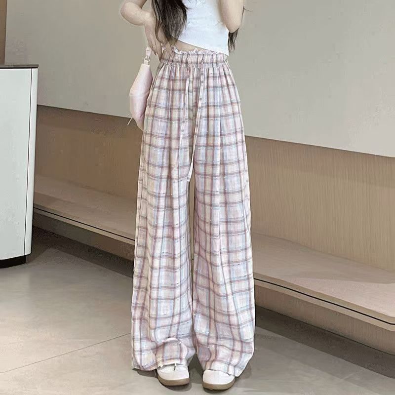 Women's Lazy Style Retro Lace Embroidery Plaid Pants | Spring-Summer High-Waist Loose Slimming Casual Wide-Leg Trousers