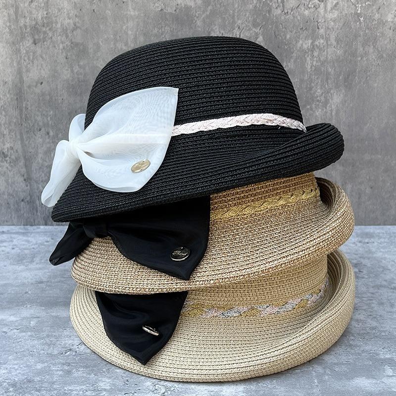 Summer Straw Hepburn Curly Elegant Bow Beret Women'S Travel Versatile Basin Hat Straw Hat