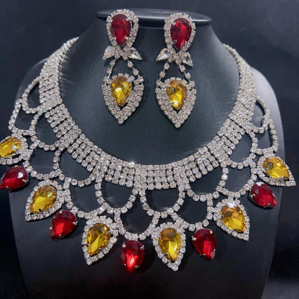 New Fashionable European and American Exaggerated Handmade Rhinestone Colored Crystal Necklace Earring Set Bridal Dress Jewelry