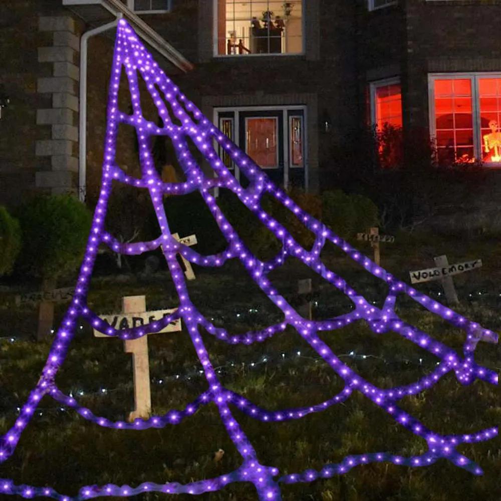 Practical 8 Modes Halloween Spider Web Lights Glow 250 LEDs LED Spider Net Hanging 5m Scary Giant Spider Haunted House