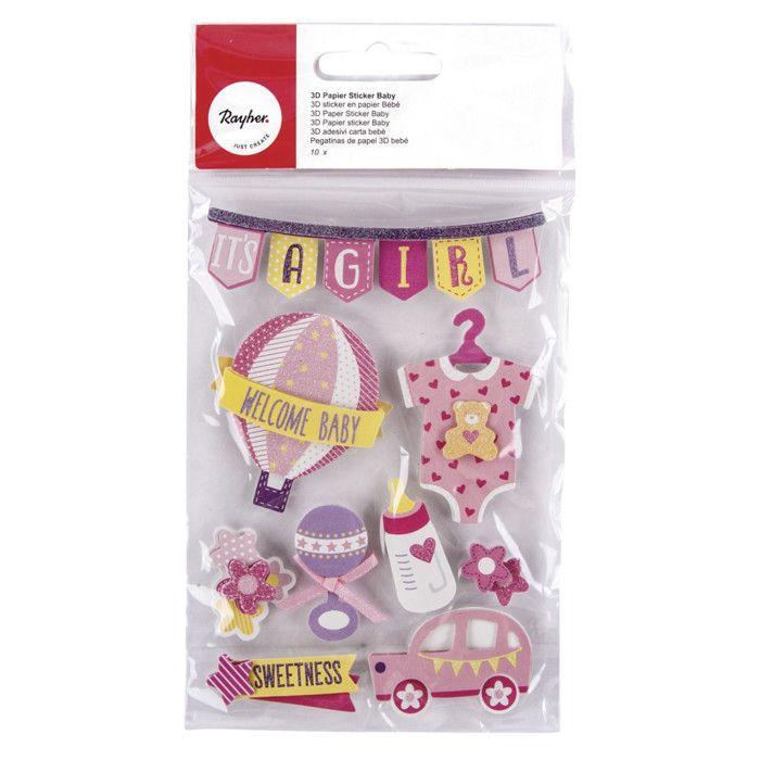 Stickers 3D - Bébé fille - 10 autocollants - Rose - Décoration de fête - Enfant