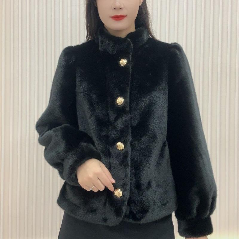 Cappotto Corto di Visone Caldo Spesso Manica Lunga Collo Alto Versatile Capispalla Autunno Inverno