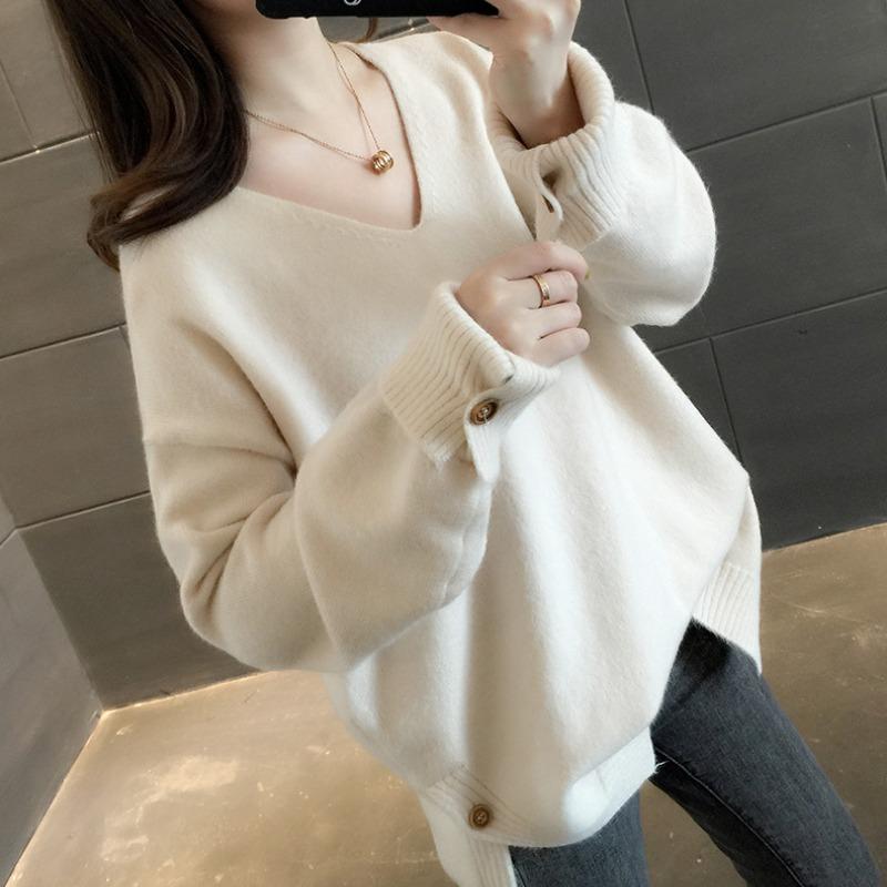 Autumn New Long Sleeve V Neck Women's Knitted Sweater Fashion Casual Loose Solid Winter Sweaters Women Soft Warm Elegant Ladies Knitwear Jumpers 25524
