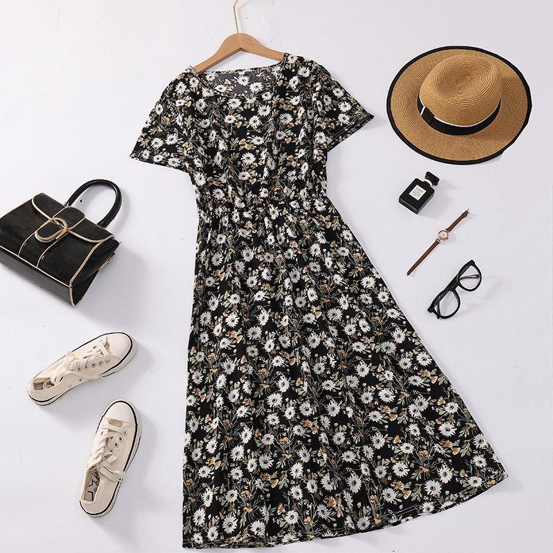 New Arrival Floral Print Waist-Cinched Slimming Summer Dress for Middle-Aged Women