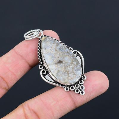 925 Silver Pear Fossil Coral Gemstone Engagement Root Chakra Wedding New Pendant
