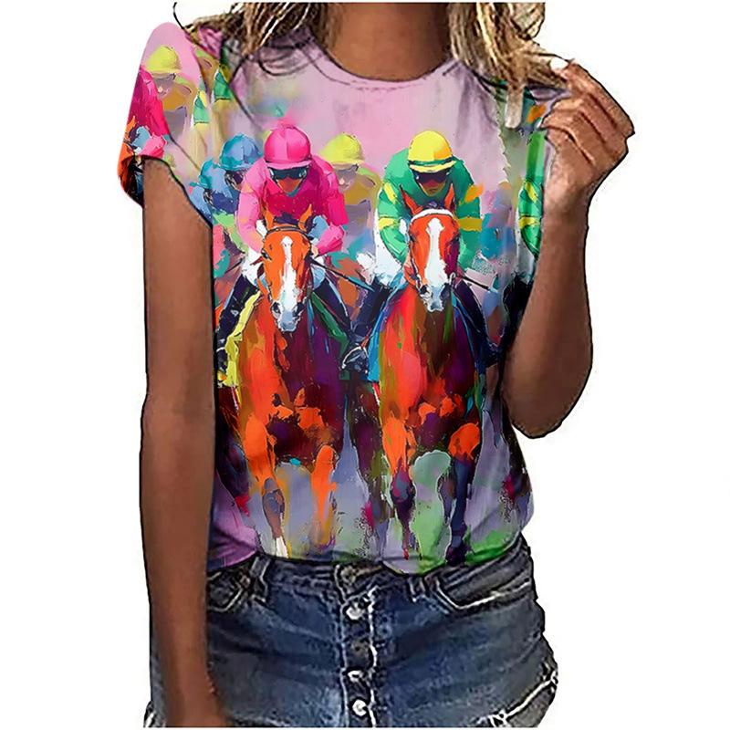 Summer Comfortable Soft Short Sleeved T-shirt Colorful Horse Riding Pattern Print Fashionable Relaxed Women's T-shirt