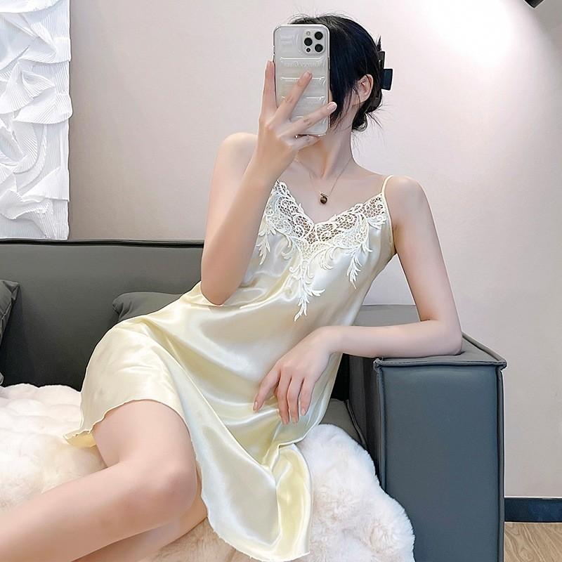 Summer Womens Satin Sleep Dress With Lace Trim Sleeveless Lounge Wear For Home Relaxation