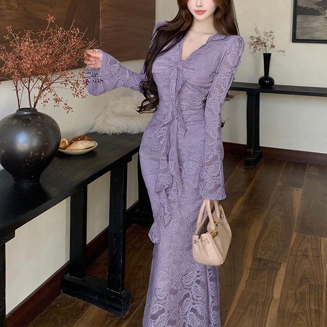 Spicy Girl Lace Patchwork V-Neck Bodycon Dress - Spring Slimming Long-Sleeve Style Extra Large