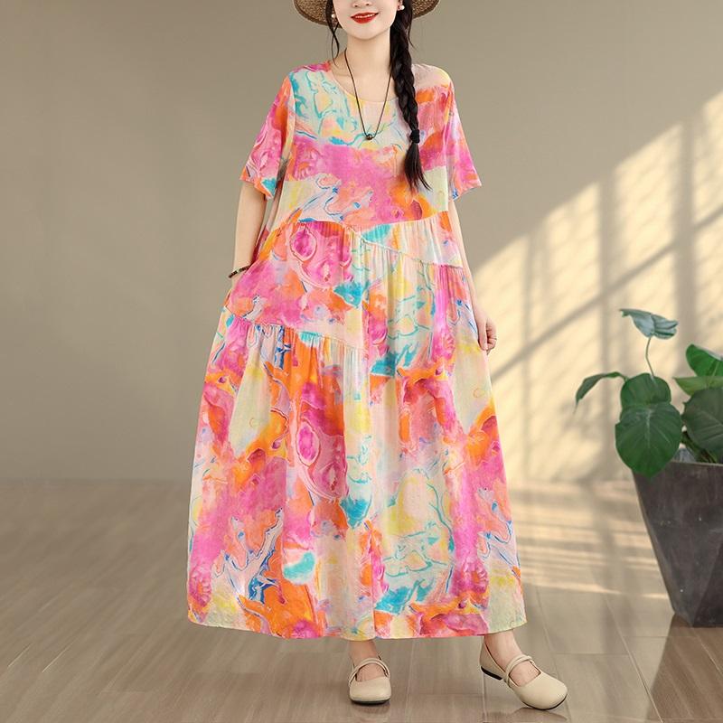 Kurzarm Plus Size Baumwolle Vintage Blumenmuster Neu in Kleidern für Damen lässig locker langes Sommerkleid