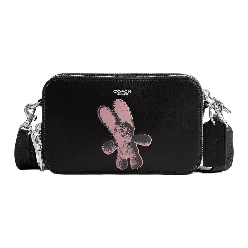 Coach CLINTON 19 Floppy Rabbit Pattern Natural Texture Cow Leather Crossbody Bag Small Men's Black
