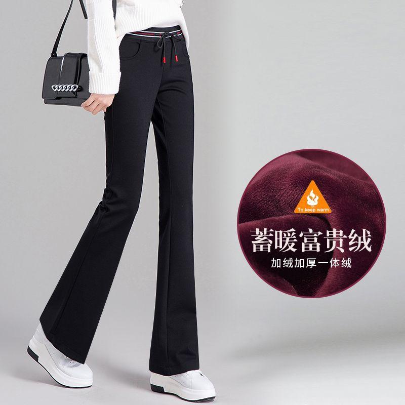 

Autumn Winter Velvet High-waisted Bell-bottom Pants Women Elastic Sweatpants Push-up Trousers S чорний