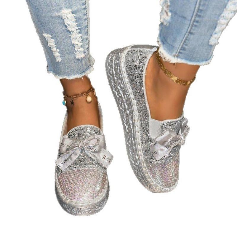 Flat-soled single shoes women's spring and autumn new fashion thick-soled rhinestone bow one pedal