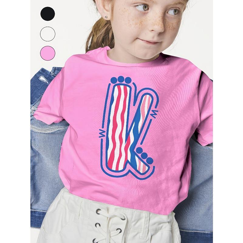 

European sizes Girls Preppy Patriotic K-Style Letter T-Shirt - Soft Cotton Breathable Loose Fit Tee with Red White & Blue Striped Paw Print Design 164cm рожевий