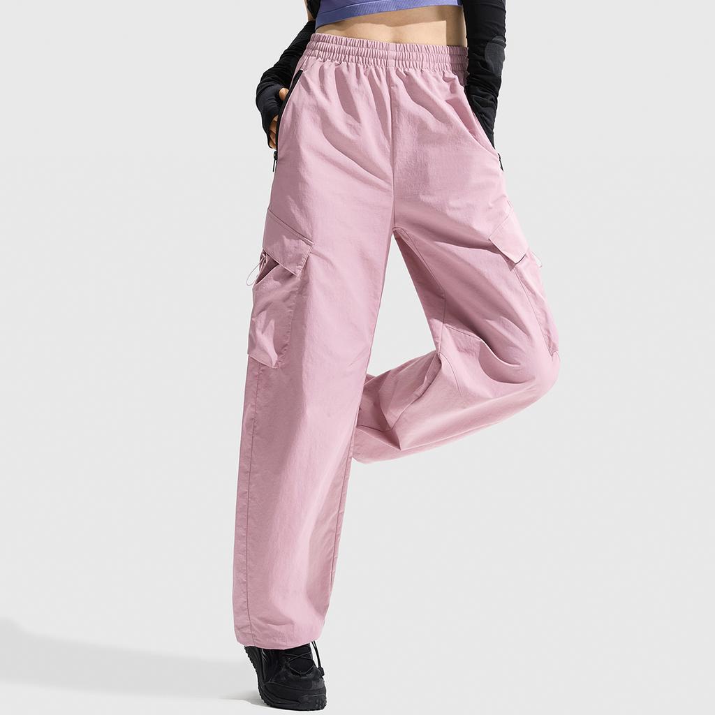 Li Ning Fitness Series Střední pas Rovné nohavice Stahovací šňůrka Volné Tkané Velká kapsa Sportovní Kapsáče Dámské kalhoty Prachově růžové AYKU744-5