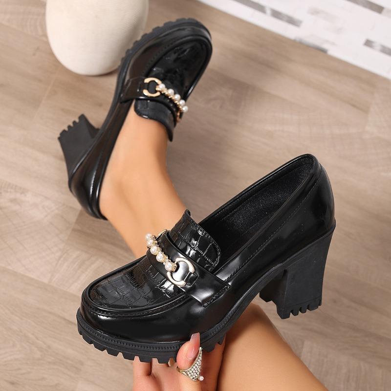 Block Heel High Heels Women's Spring and Autumn Patent Leather Platform Deep Mouth Single Shoes