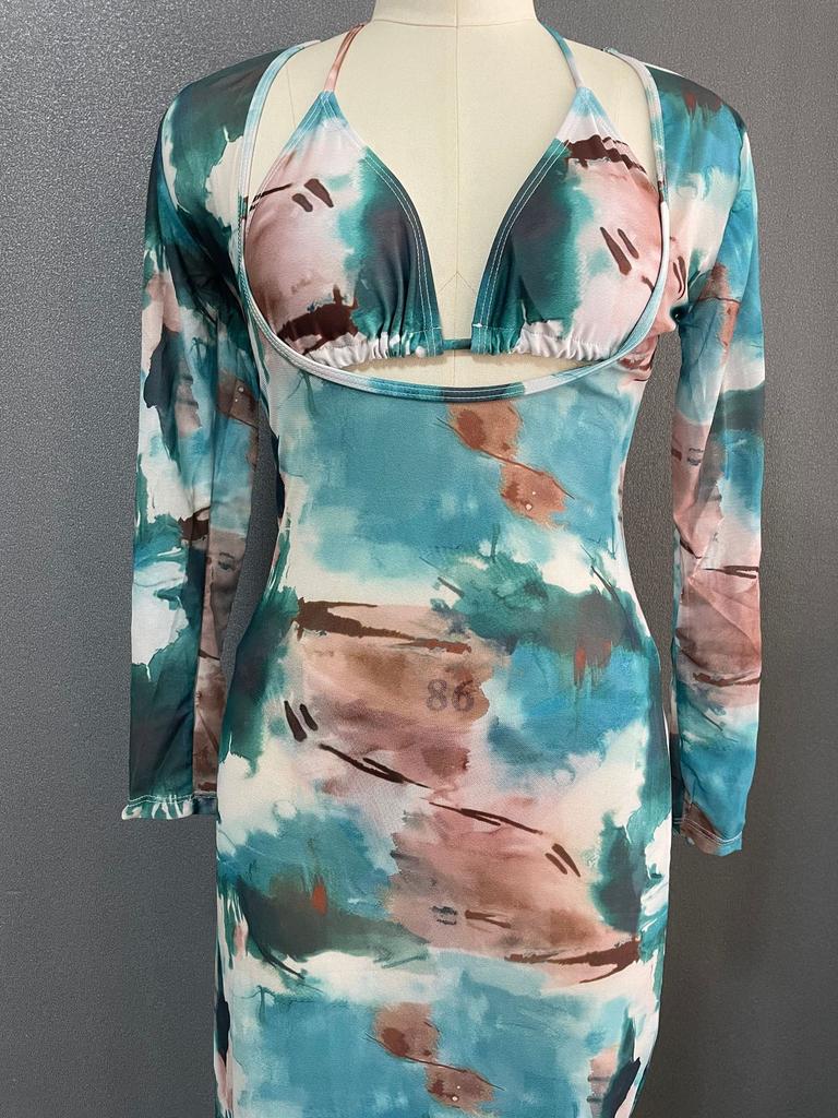 Women's Swimsuit Long Sleeve Tie Dye Three Piece Sexy Halter Neck Bikini Split Suit Beach Wear
