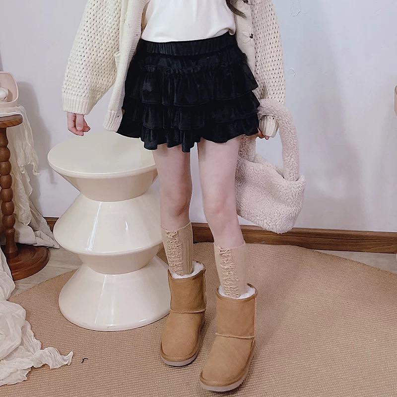 Girls' Black Velvet Layered Puffy Skort - Princess Style, Anti-Exposure, Spring/Autumn Korean Edition