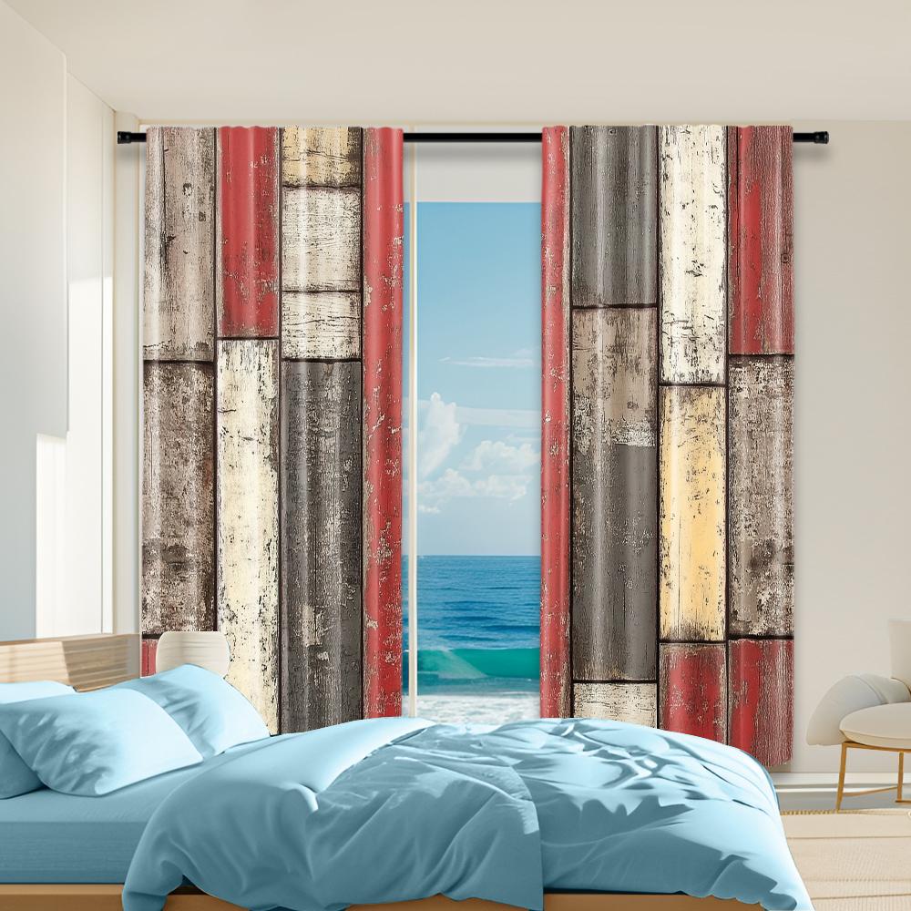 

2 pcs, versatile polyester transparent curtains for home decoration Vintage red yellow brown cracked wood grain pattern for use 29x65in(75x166cm)