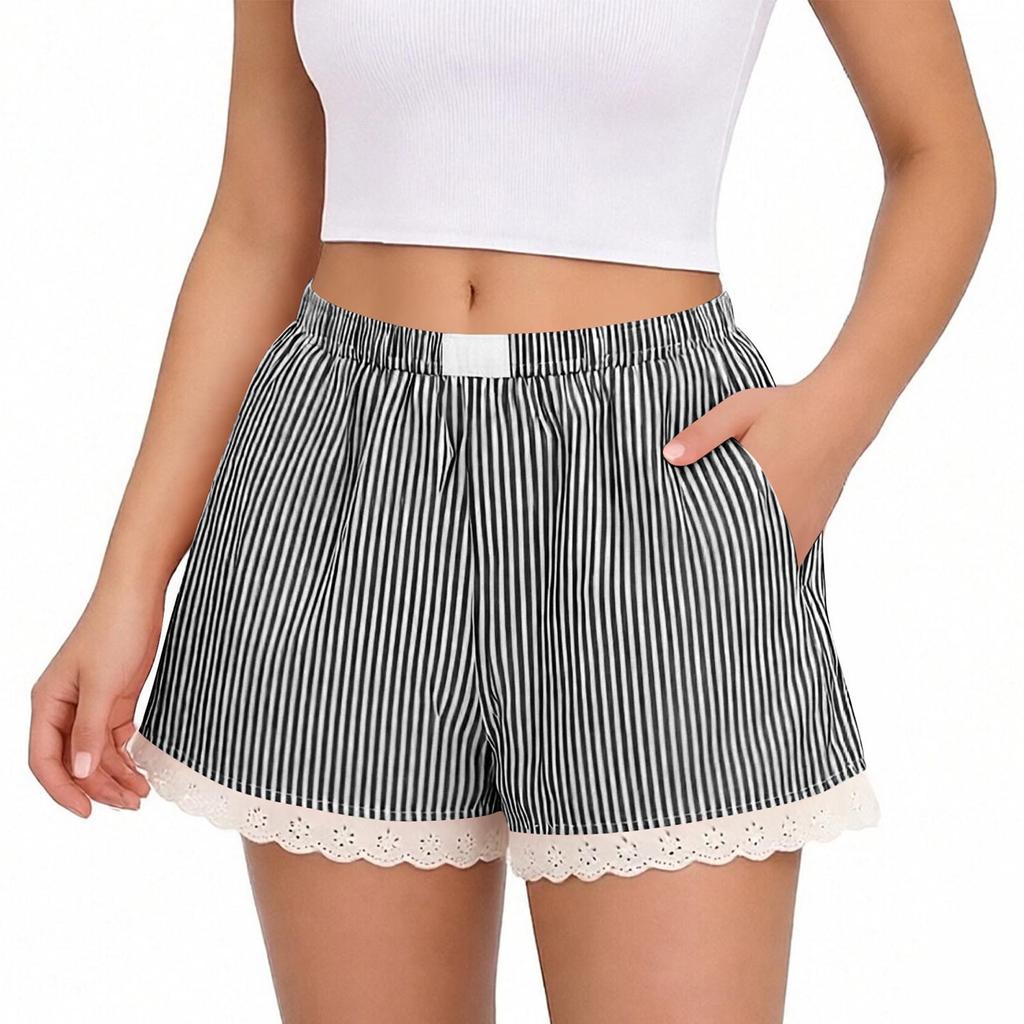 Women's Fashion Striped Shorts with Lace Trim Elastic Waistband Casual Summer Beachwear Comfortable Lightweight Lounge Bottoms