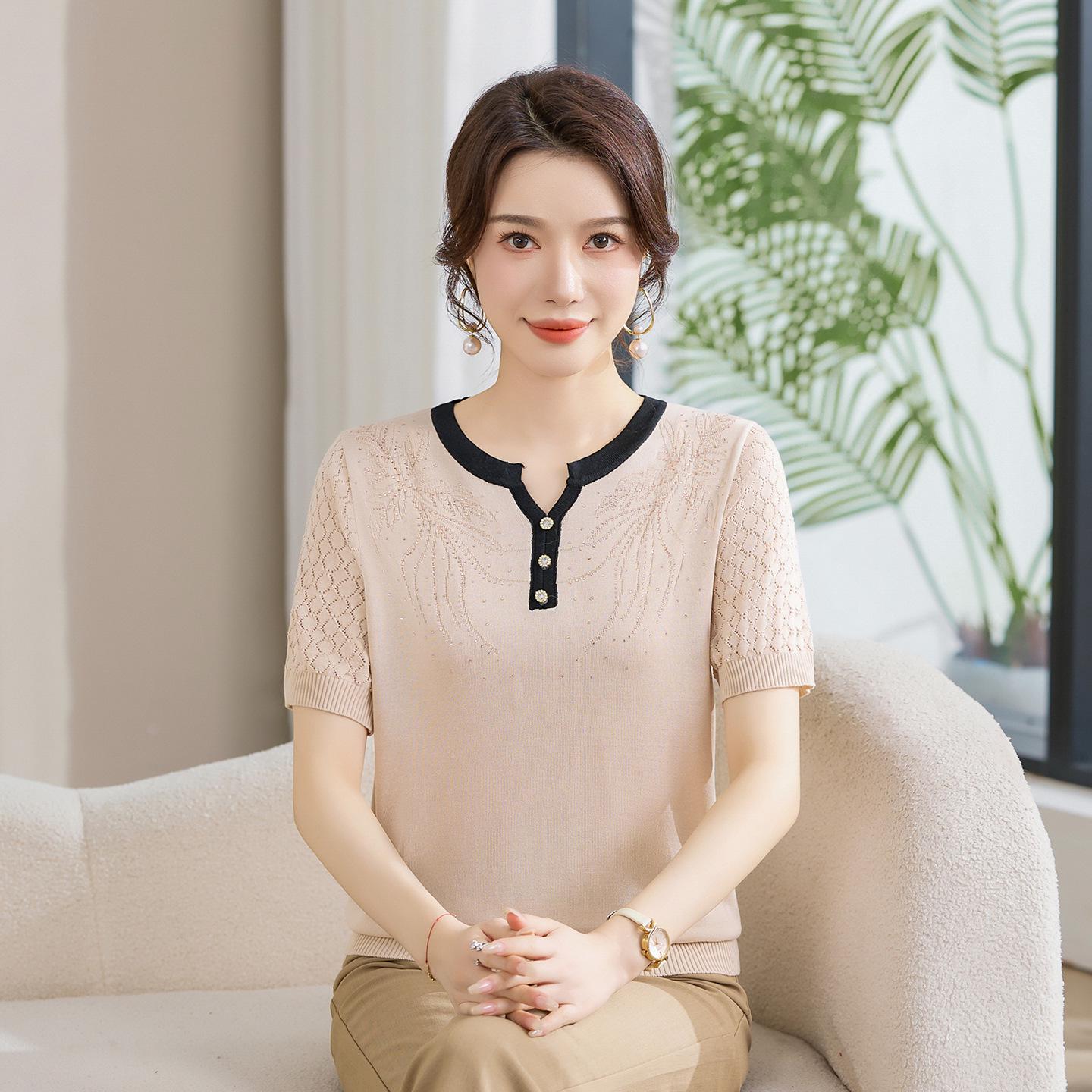 Women s Plus Size Ice Silk V-Neck Short Sleeve Knit Top 3XL (65-78kg)