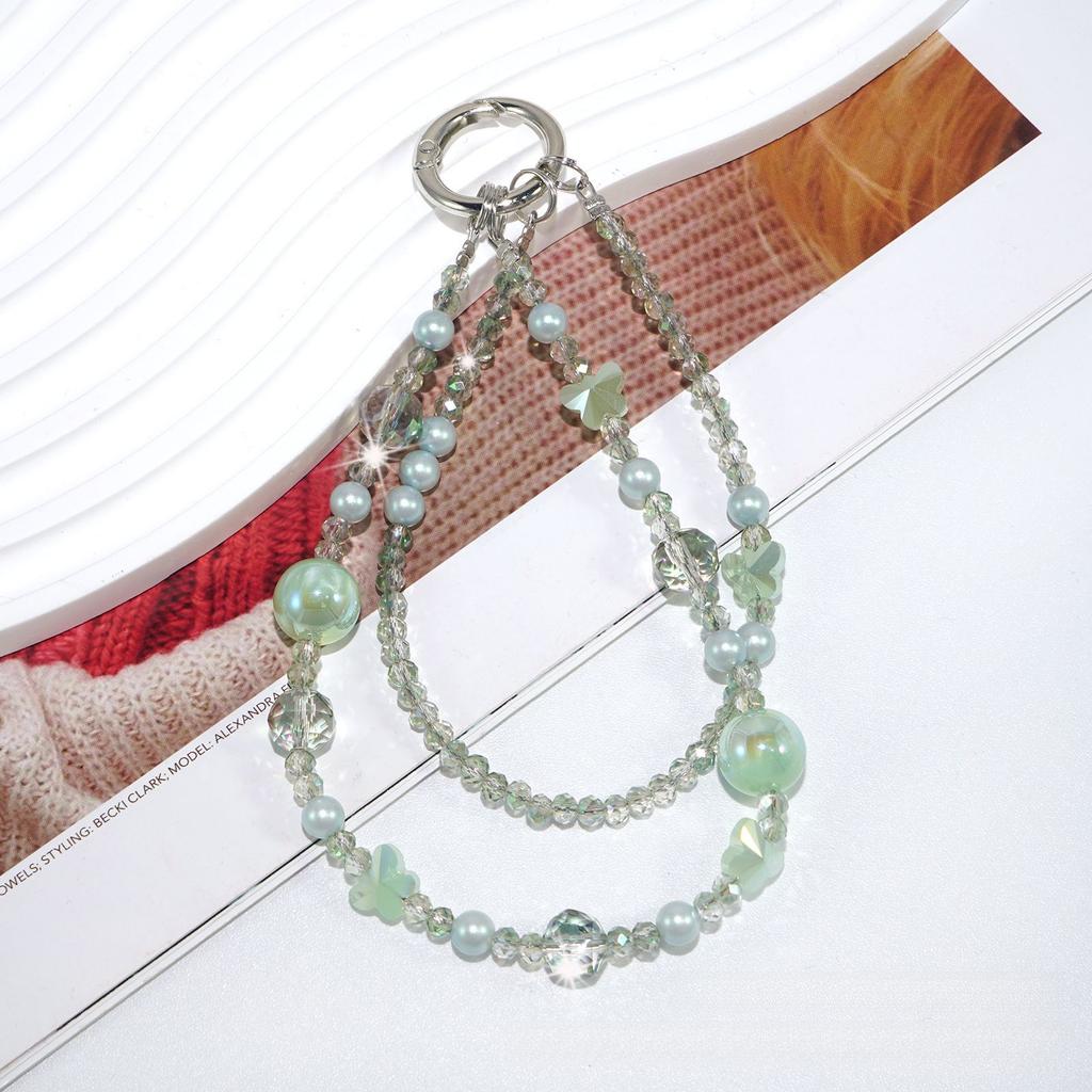 Phone Chain Double Chain Light-Changing Pearl Crystal Butterfly Beaded Hanging Chain Decorative Lanyard Fashion Versatile Phone Accessories
