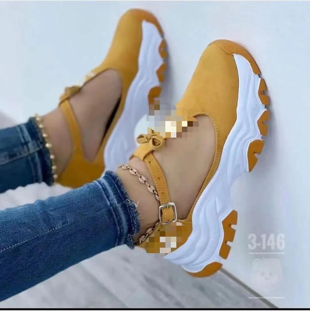 

Женская обувь зарубежного производства весна 2025 года, новые европейские и американские туфли большого размера на толстой подошве из замши с пряжкой и бантом, повседневные спортивные туфли 43