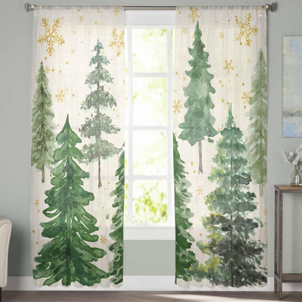 Christmas Green Christmas Tree Curtains For Living Room Bedroom Home Decoration Window Voile Tulle Curtain Drapes